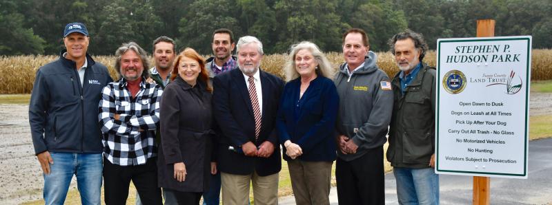 Sussex County Land Trust board members attending the ribbon cutting include (l-r) Michael Nally, vice chair; Russ McCabe, trustee; Jason King, trustee; Heidi Gilmore, chair; Michael Dickinson, trustee; Sussex County Councilman John Rieley; Judy Schwartz, trustee; Sussex County Councilman Mark Schaeffer; and Mark Chura, executive director.